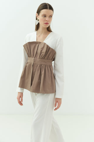 Büzgü Korsaj Detaylı Ceket Pantolon Takım Bej