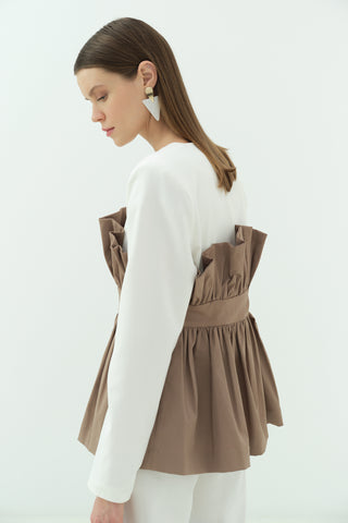 Büzgü Korsaj Detaylı Ceket Pantolon Takım Bej