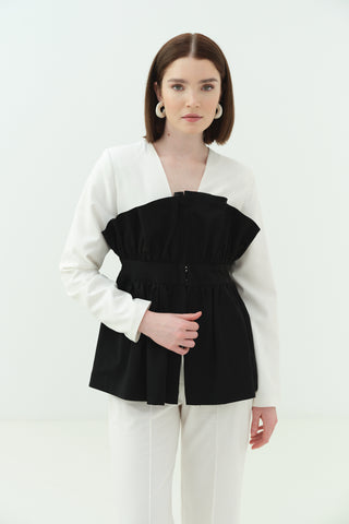 Büzgü Korsaj Detaylı Ceket Pantolon Takım Siyah