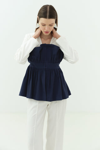 Büzgü Korsaj Detaylı Ceket Pantolon Takım Lacivert