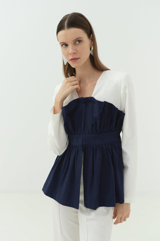 Büzgü Korsaj Detaylı Ceket Pantolon Takım Lacivert