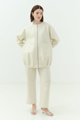 Taşlı Krep Ceket Pantonlu Takım Krem