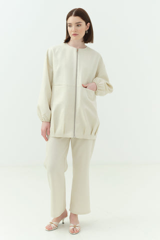 Taşlı Krep Ceket Pantonlu Takım Krem