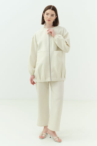 Taşlı Krep Ceket Pantonlu Takım Krem