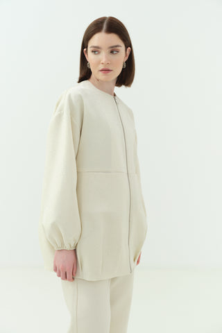 Taşlı Krep Ceket Pantonlu Takım Krem