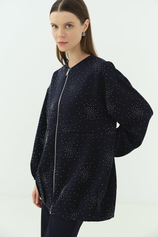 Taşlı Krep Ceket Pantonlu Takım Lacivert