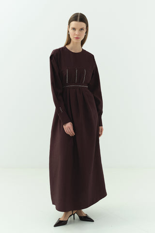 Taş Detaylı Pensli Elbise Mürdüm