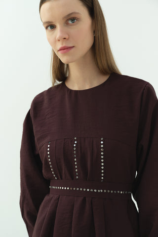 Taş Detaylı Pensli Elbise Mürdüm