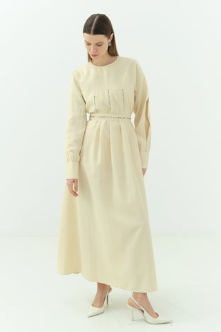 Taş Detaylı Pensli Elbise Sarı