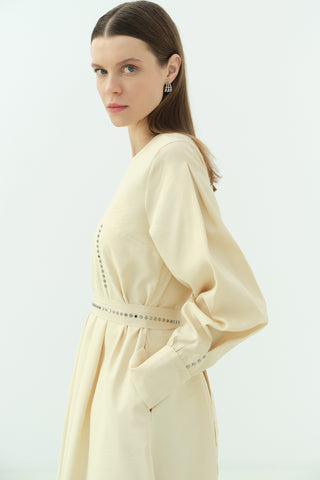 Taş Detaylı Pensli Elbise Sarı