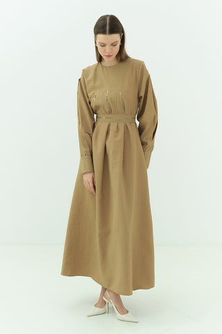 Taş Detaylı Pensli Elbise Yağ Yeşili