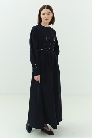 Taş Detaylı Pensli Elbise Lacivert