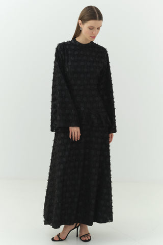 Simli Şifon Volan Detaylı Elbise Siyah