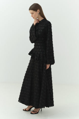 Simli Şifon Volan Detaylı Elbise Siyah