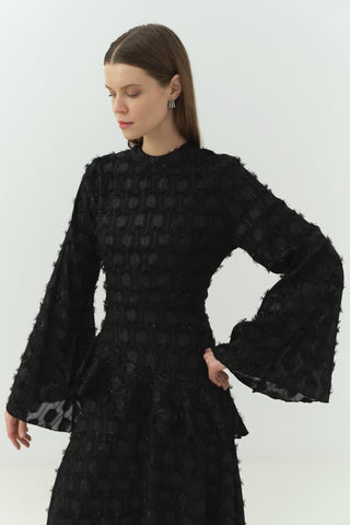 Simli Şifon Volan Detaylı Elbise Siyah