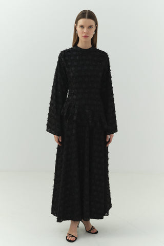 Simli Şifon Volan Detaylı Elbise Siyah