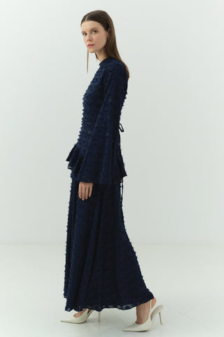 Simli Şifon Volan Detaylı Elbise Lacivert