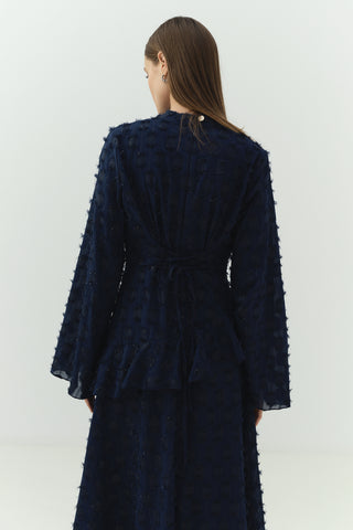 Simli Şifon Volan Detaylı Elbise Lacivert