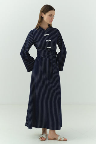 Japon Düğme Detaylı Çizgili Elbise Lacivert