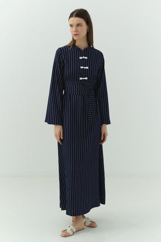 Japon Düğme Detaylı Çizgili Elbise Lacivert