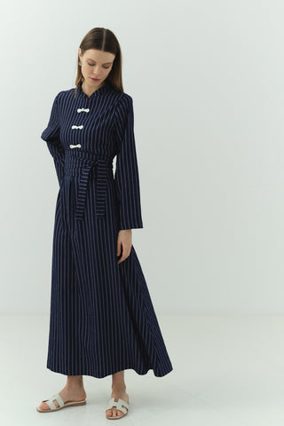 Japon Düğme Detaylı Çizgili Elbise Lacivert