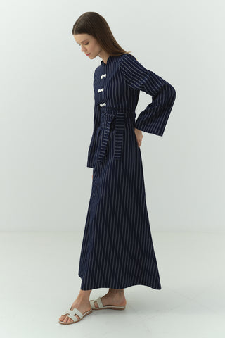 Japon Düğme Detaylı Çizgili Elbise Lacivert