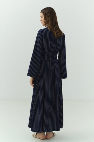 Japon Düğme Detaylı Çizgili Elbise Lacivert