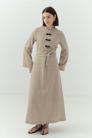 Japon Düğme Detaylı Çizgili Elbise Bej