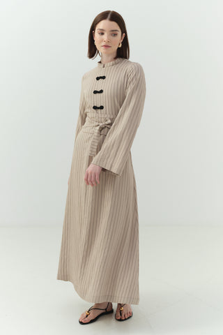 Japon Düğme Detaylı Çizgili Elbise Bej
