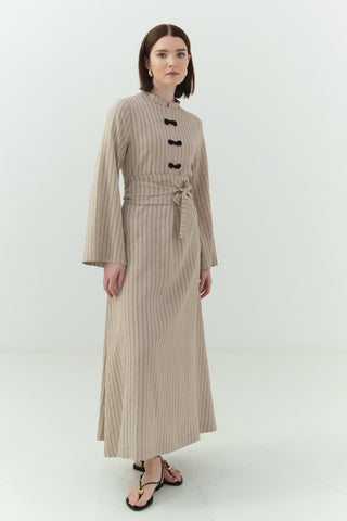 Japon Düğme Detaylı Çizgili Elbise Bej