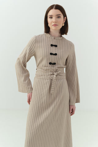 Japon Düğme Detaylı Çizgili Elbise Bej