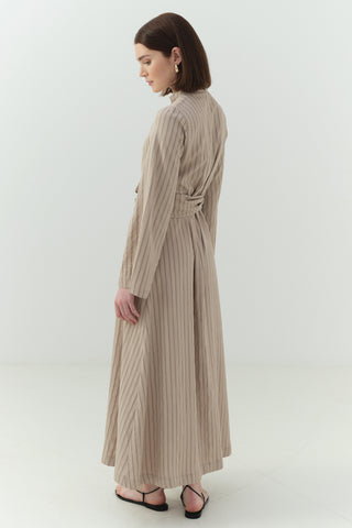 Japon Düğme Detaylı Çizgili Elbise Bej