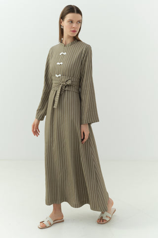 Japon Düğme Detaylı Çizgili Elbise Haki