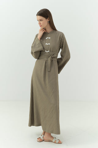 Japon Düğme Detaylı Çizgili Elbise Haki