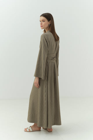 Japon Düğme Detaylı Çizgili Elbise Haki