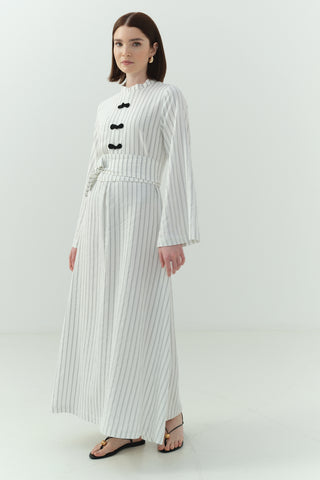 Japon Düğme Detaylı Çizgili Elbise Ekru