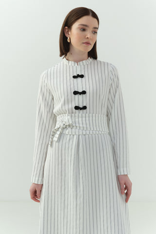 Japon Düğme Detaylı Çizgili Elbise Ekru