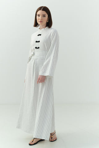 Japon Düğme Detaylı Çizgili Elbise Ekru