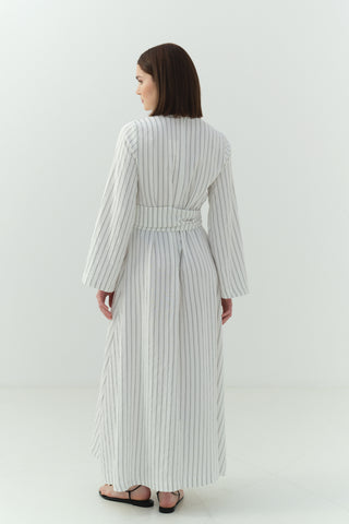 Japon Düğme Detaylı Çizgili Elbise Ekru