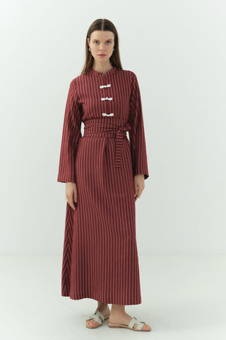 Japon Düğme Detaylı Çizgili Elbise Bordo