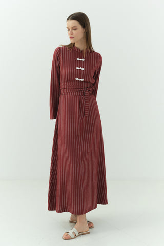 Japon Düğme Detaylı Çizgili Elbise Bordo