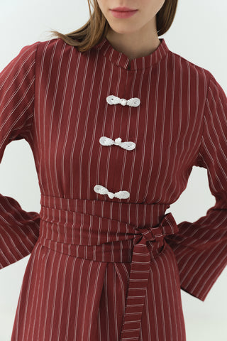 Japon Düğme Detaylı Çizgili Elbise Bordo