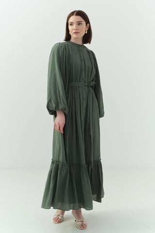 Beli Büzgülü Kraşlı Elbise Yeşil