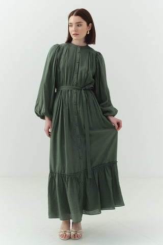 Beli Büzgülü Kraşlı Elbise Yeşil