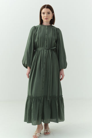 Beli Büzgülü Kraşlı Elbise Yeşil