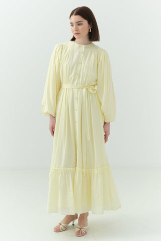 Beli Büzgülü Kraşlı Elbise Sarı