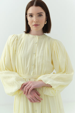 Beli Büzgülü Kraşlı Elbise Sarı