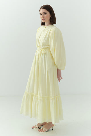 Beli Büzgülü Kraşlı Elbise Sarı