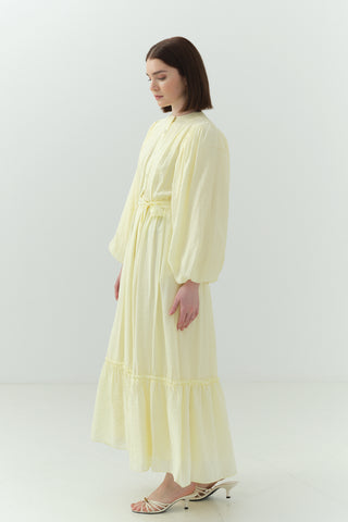 Beli Büzgülü Kraşlı Elbise Sarı