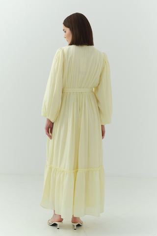 Beli Büzgülü Kraşlı Elbise Sarı
